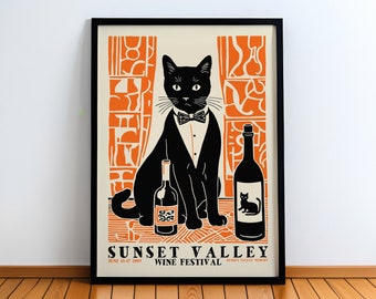 2009 Sunset Valley Wine Festival Poster, Elegant Black Cat Artwork, Unique Wine Lover Wall Decor, Collectible Vineyard Event Memorabilia