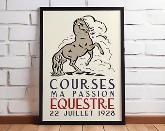Póster de carreras de caballos francesas de 1928 - Reproducción giclée - Arte mural retro de caballos - Decoración de pared para dormitorio, tamaño grande, 24 x 36, Yverdon