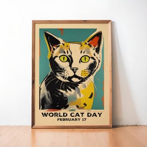 WORLD CAT DAY Poster - crazy cat lady gift, Retro mid-century modern, pop-art quirky wall art prints - Cozy Spirit Studio - hygge decor