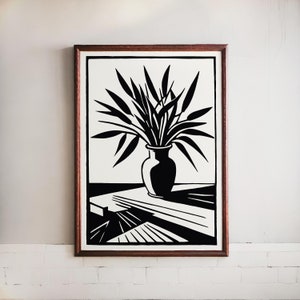 Impresión artística botánica abstracta monocromática audaz - Decoración minimalista de pared con plantas - Póster contemporáneo con jarrón y hojas, obra de arte perfecta para el hogar y la oficina