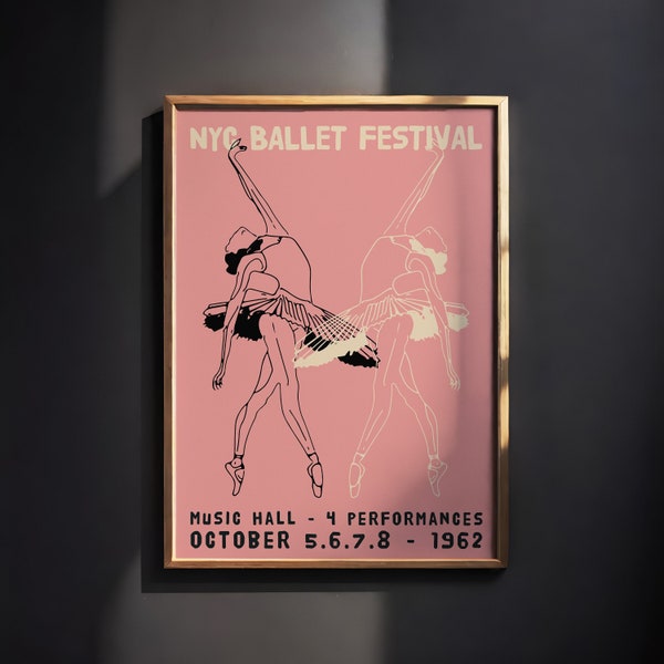 New York City Ballet FESTIVAL Poster - Pink and Red NYC Ballerina Wall Art Prints - Nursery and Kid's Room Decor - 24x36 art, large