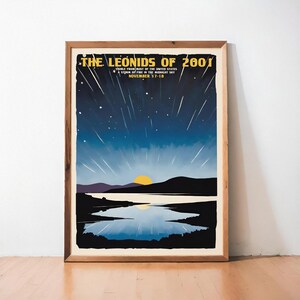 Impression d'affiche de pluie de météores Léonides 2001, art mural astronomie, impression étoilée ciel nocturne, tempête de météores, déco espace cosmique, cadeau science rétro