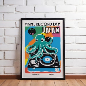 VINYL RECORD DAY Japan - Poster | Vintage Japanese Wall Art Prints - Cute Octopus Artwork - Retro Vinyl Record Player - Tokyo Event