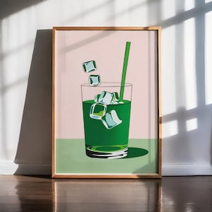 Impresión artística refrescante de matcha helado - Decoración de pared de cocina minimalista moderna - Regalo para amantes del té verde - Póster con ilustración de comida y bebida de verano