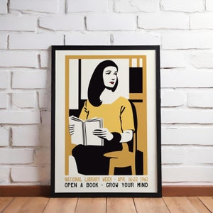 OPEN A BOOK - Grow Your Mind Poster, Vintage Wall Art, Vintage Poster, Book Lover Poster, Reading Poster, Library Decor, Girl Love Reading
