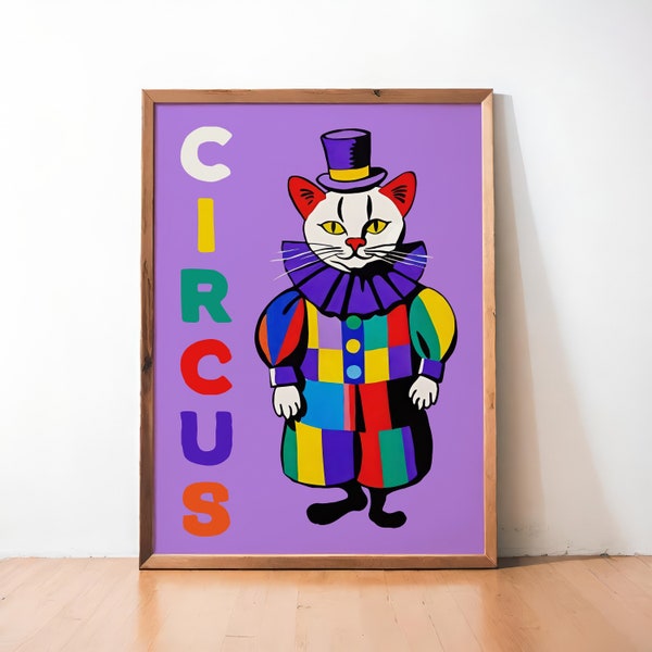 POLISH CYRK POSTER - Circus Cat Clown Vintage Advertisement Giclee Reproduction - Whimsical Colorful Wall Art Prints, Kid room, Collectible