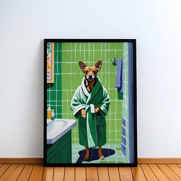 Charming Dog in Bathroom Poster - Cute and Funny Pet Wall Art, Vibrant Green Color Scheme, Perfect for Animal Enthusiasts Stylish and Modern