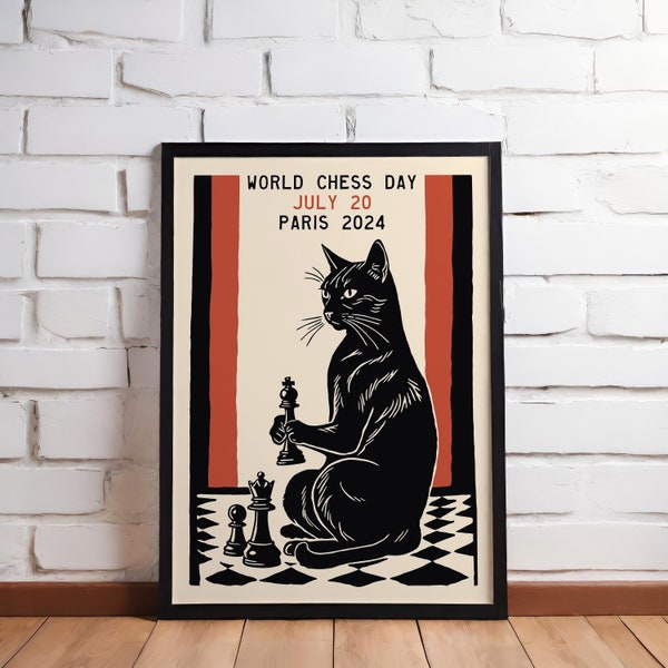 World Chess Day July 20, Paris 2024 Poster - Elegant Cat Chess Masterpiece, Retro Game Room Wall Art, Collectible Home Decor