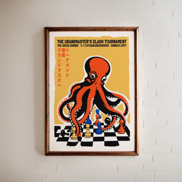 Chess Tournament Poster - Grandmaster’s Clash at Shogi Shrine Shibuya, Artistic Game Room Decor, Unique Chessboard Wall Art