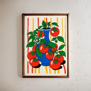 Póster de planta de tomate botánica moderna - Jarrón colorido con tomates rojos - Arte de pared vibrante para la cocina y el hogar - Decoración hygge moderna de mediados de siglo