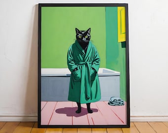 Cute Bathrobe Cat Poster - Unframed Feline Wall Art for Cat Lovers | Unique Whimsical Home Decor Print Y2k apartment decor Trendy wall print