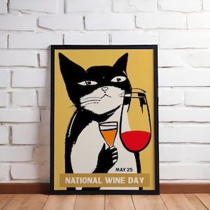 National Wine Day Poster - Charming Cat with Wine Glasses - May 25th Commemorative Wall Art - Perfect for Wine Aficionados and Cat Lovers