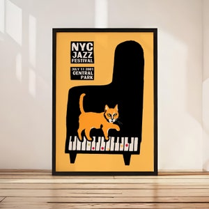 Retro Jazz Cat Poster - NYC Festival - Grand Piano Wall Art - Music Concert Giclee Print Reproduction Retro Advertising Mid Century Decor