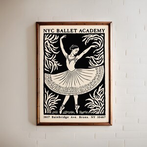 NYC Ballet Academy Poster: Elegant Ballerina, Black & White Art Print