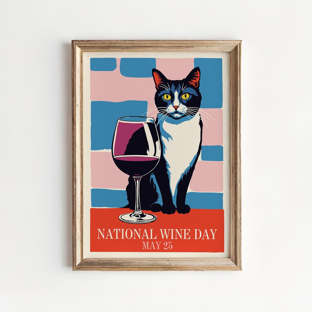 National Wine Day Art Print - Tuxedo Cat Wine Lover Poster - Pop Art ...