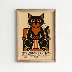 Vintage NYC Movie Festival Cat Poster: Retro Central Park Film Art