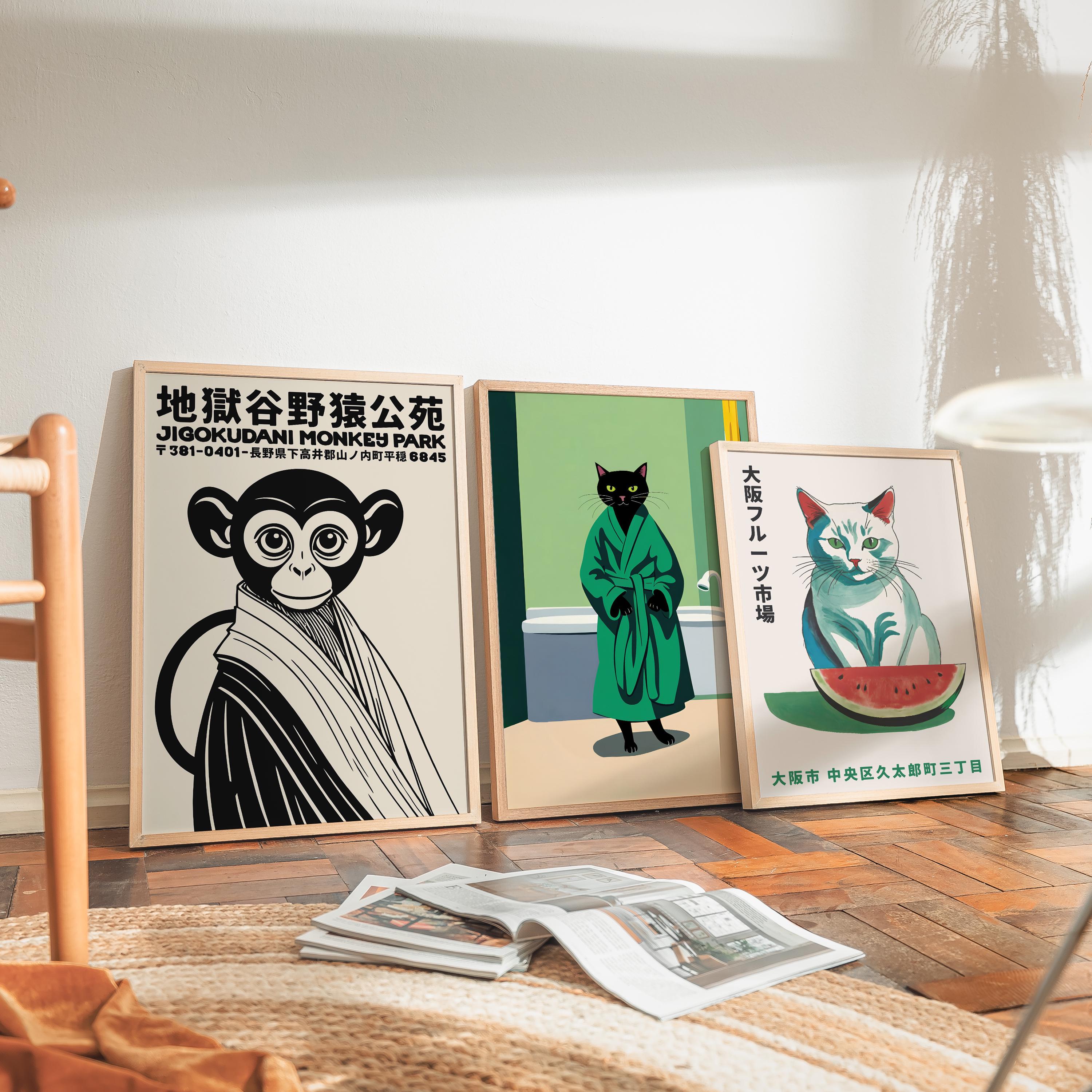Japanese Monkey Park Poster: Mid-century Modern Black & White Art