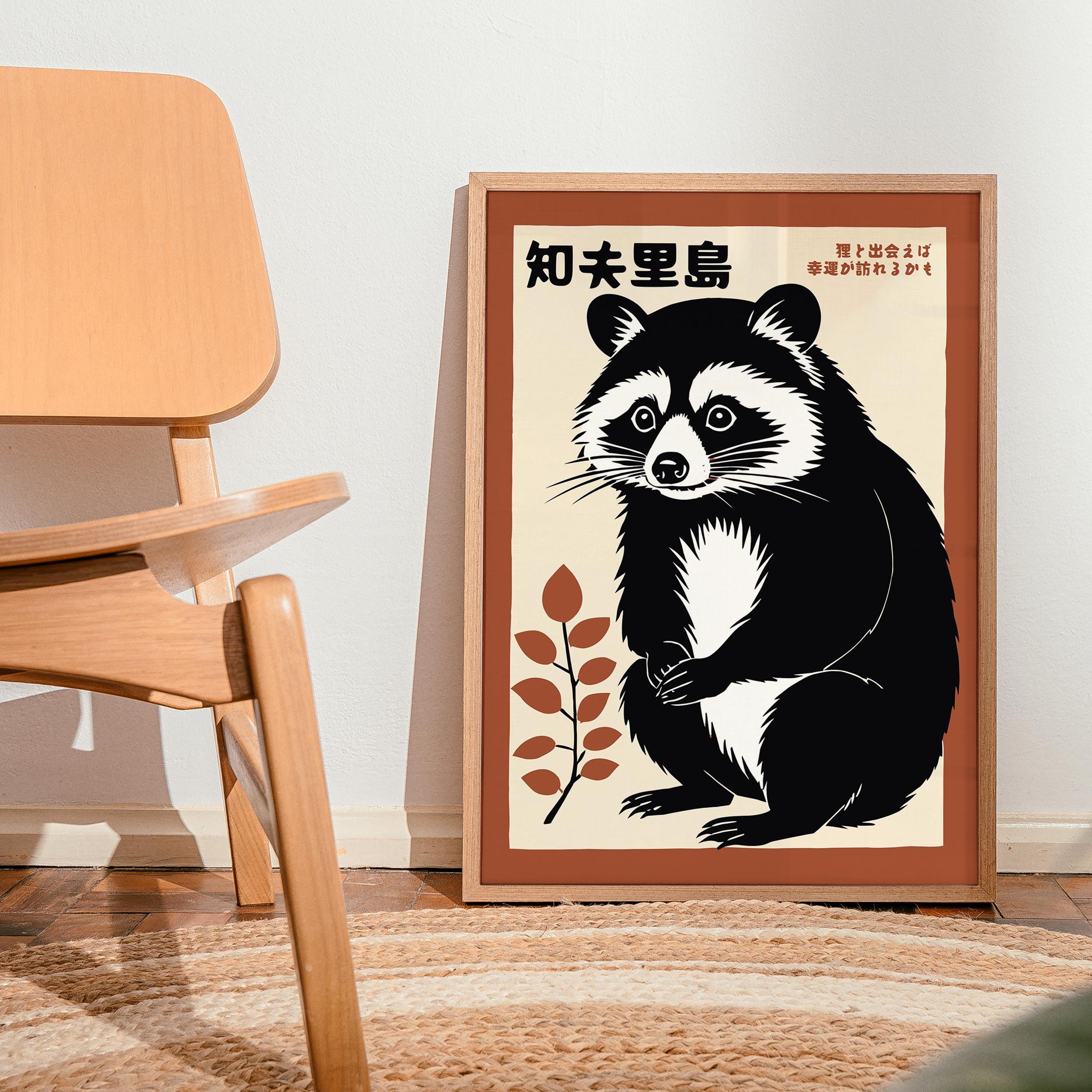Japanese Raccoon Tanuki Chiburijima - Vintage Animal Poster Retro