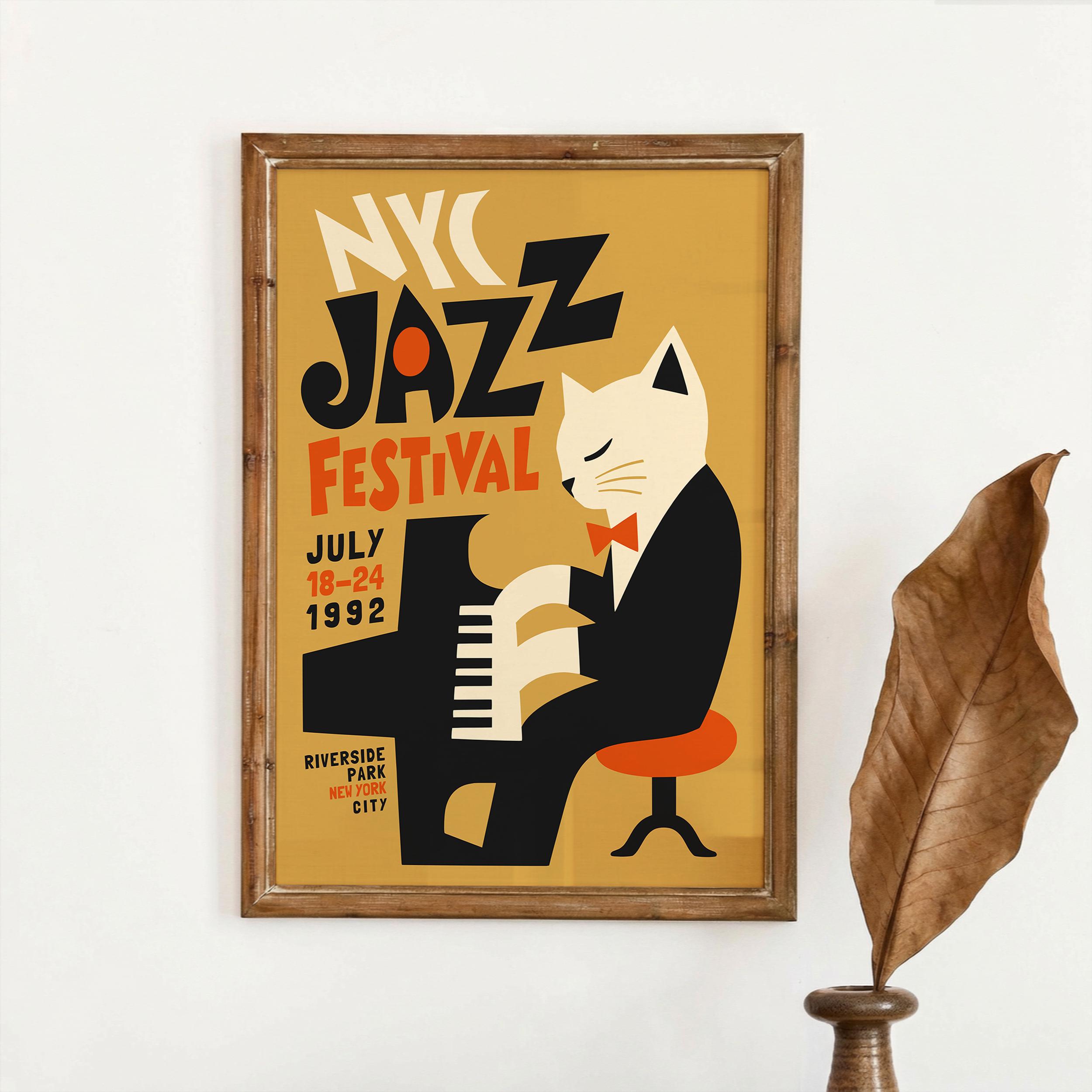 NYC Jazz Festival Poster | Mid Century Modern Cat Wall Art, Music