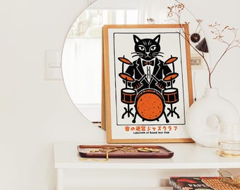 Japanese Jazz Club Poster | Cat Drummer Print Wall Art Home Decor