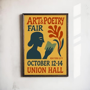 Affiche de la foire d'art et de poésie - Impression d'événement NYC Union Hall - Art mural littéraire rétro pour amateurs de livres, poètes et collectionneurs d'artistes - Impression postale