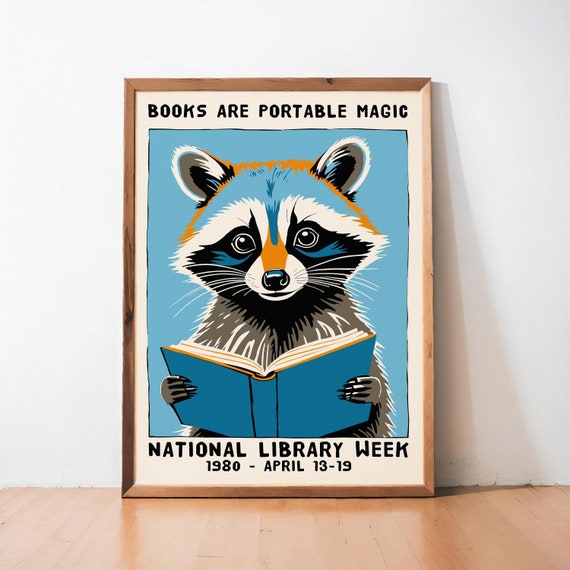 National Library Week 1980 Poster – Raccoon Reading Illustration