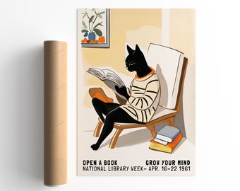 NATIONAL LIBRARY WEEK Poster - Open a book - Grow your mind. Motivational - Inspirational Unique Gift Idea For Any Book Lover Or Avid Reader