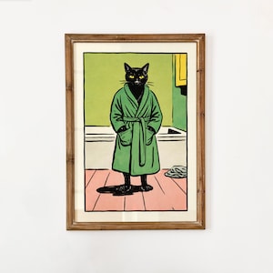 Bathrobe Cat Poster - Giclee Fine Art Print - Y2K Animal Wall Decor Home Bathroom Quirky