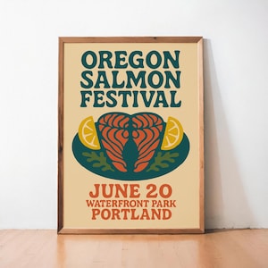 Affiche du festival du saumon de l'Oregon - impression d'art vintage, décoration murale rétro du nord-ouest du Pacifique, décoration de cuisine pour gourmets, cadeau de pendaison de crémaillère unique