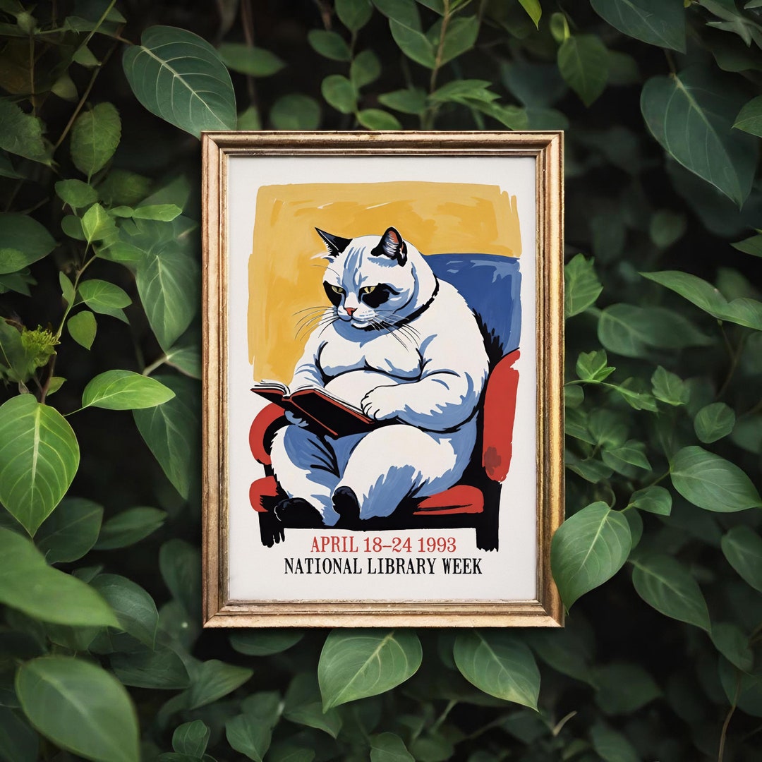 1993 National Library Week Cat Poster - Fat Cat Reading Art Print ...