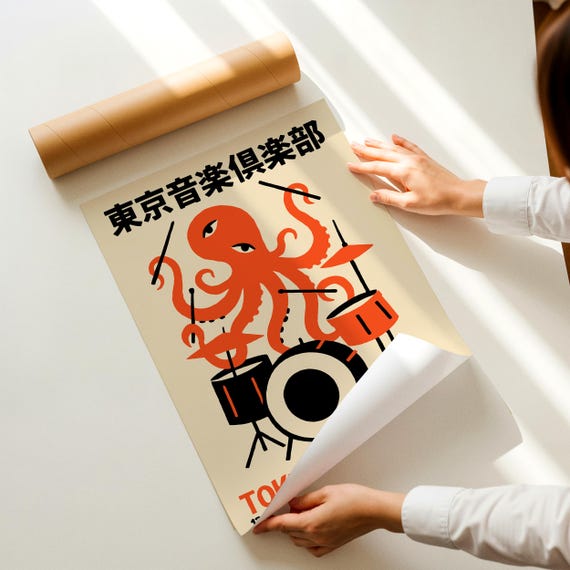 Tokyo Jazz Club Poster - Octopus Drum Art - Wall Print Retro Home