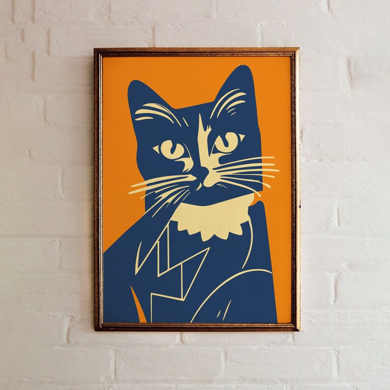 Retro Cat Poster Giclee Art Print Mid Century Modern Home Etsy