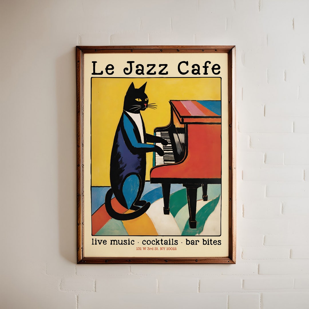 ピアノを弾く芸術的な猫のLe Jazz Cafeポスター、ライブミュージックと 