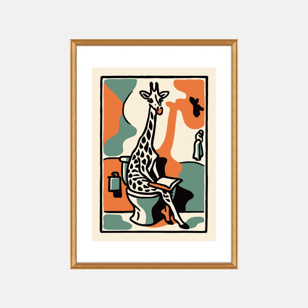 Giraffe Bathroom Poster - Funny Animal Reading Print for Toilet Wall ...