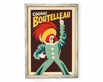 May include: A framed vintage-style poster featuring the text COGNAC BOUTELLEAU in yellow letters. The illustration depicts a figure in a teal jumpsuit with three white buttons, wearing a large red and yellow headpiece, pointing one finger upward.