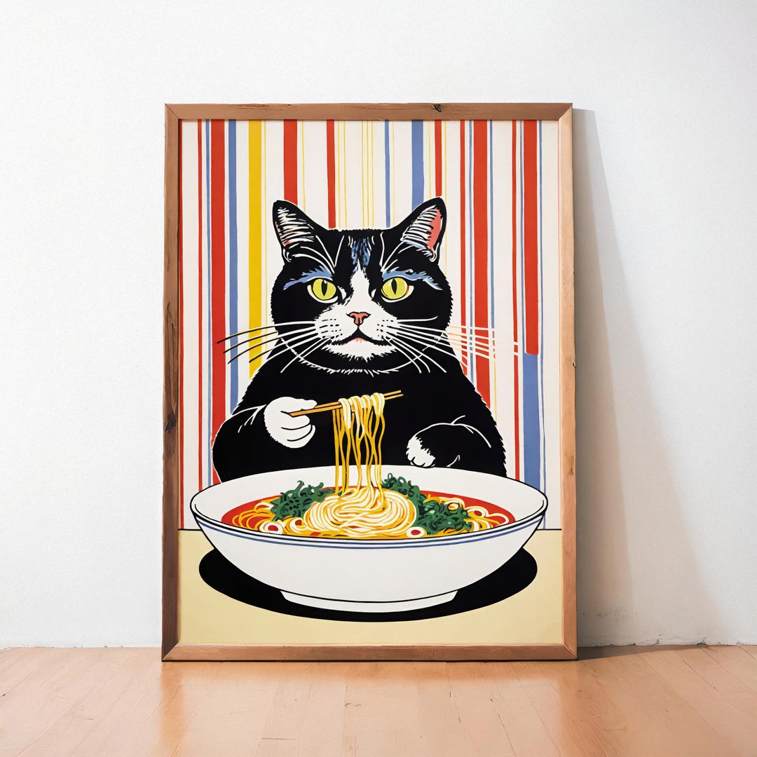 Cat Eating Ramen Poster - Pop Art Wall Decor - Fun Kitchen Art Print ...