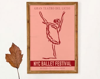 May include: A framed rectangular poster with a light pink background featuring a red line drawing of a ballet dancer in a pose. The text reads GRAN TEATRO DEL LICEO, NYC BALLET FESTIVAL, and METROPOLITAN OPERA HOUSE in red capital letters.