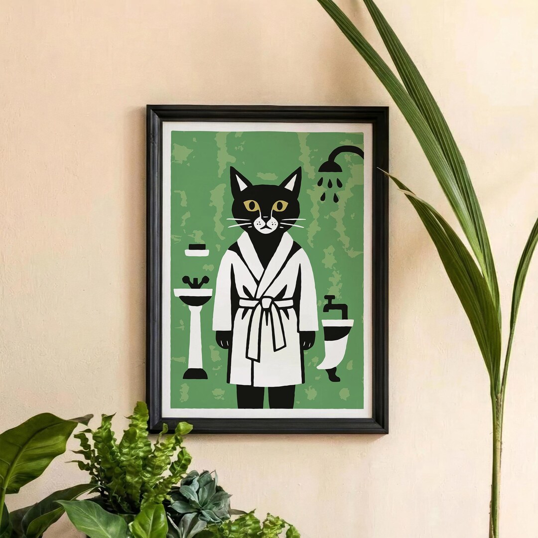 Bathroom Cat Print - Retro Wall Art Home Decor Animal Poster Modern ...