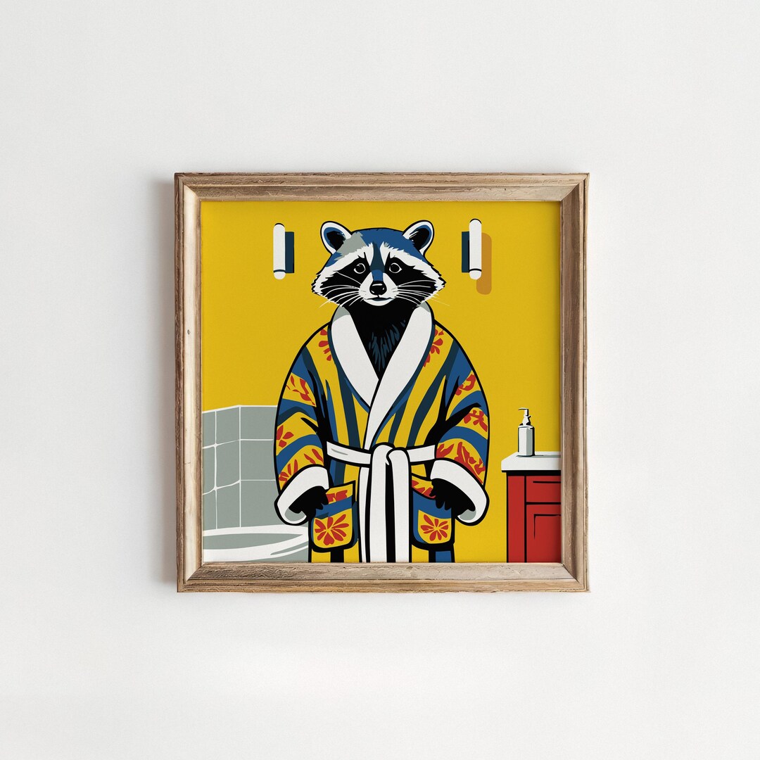 Raccoon Bathroom Art Print | Funny Animal in Bathrobe | Mid-century ...