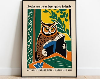 RETRO READING POSTER - Owl Giclee Linocut Art Print Vintage Books Quote, Unique Gift Idea For Book Lover Avid Reader
