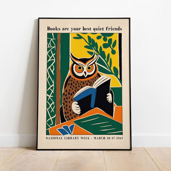 RETRO READING POSTER - Owl Giclee Linocut Art Print Vintage Books Quote, Unique Gift Idea For Book Lover Avid Reader