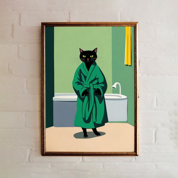 Cute Bathrobe Cat Poster: Whimsical Feline Wall Art for Cat Lovers | Unique Home Decor Print Y2k apartment decor, Trendy wall print