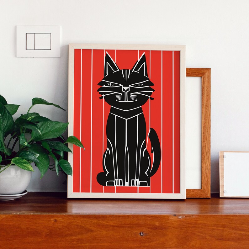 Cat Linocut Poster Black Cat Art Black Cat Print Cat Etsy