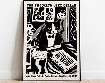 Brooklyn Jazz Cellar POSTER - Music Club - Black and White Cat wall art, mid century modern, jazz musicians, over the bed decor, jazz gifts