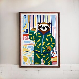 Impresión de arte de pared con un acogedor perezoso para guardería, decoración moderna escandinava para habitación de niños, lindo animal en pijama verde, póster colorido para dormitorio infantil
