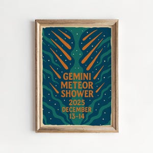 Poster pluie de météores Gémeaux 2025 – Art mural céleste rétro pour les amateurs d'astronomie, impression d'observation des étoiles du ciel nocturne, décoration d'espace cosmique, idée cadeau