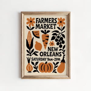 New Orleans Farmers Market Poster - Kitchen Wall Art, Fresh Produce Decor Carrot, Pumpkin, Watermelon, Corn, Eggplant, Lemon, Onion, Flowers