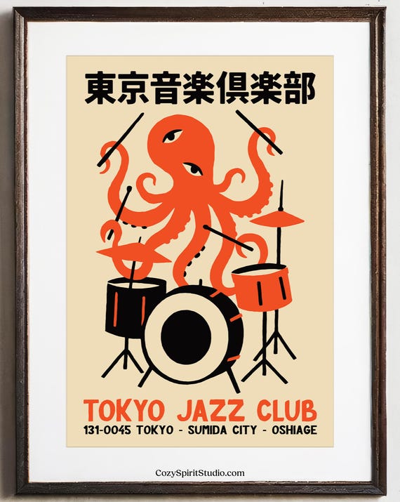 Tokyo Jazz Club Poster - Octopus Drum Art - Wall Print Retro Home