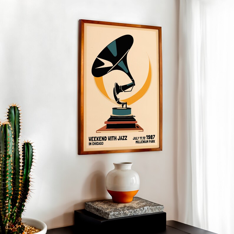 May include: A vintage poster with a black and teal illustration of a gramophone. The poster has a yellow and orange background and the text "Weekend with Jazz in Chicago, July 11 & 12, 1987, Millennium Park".