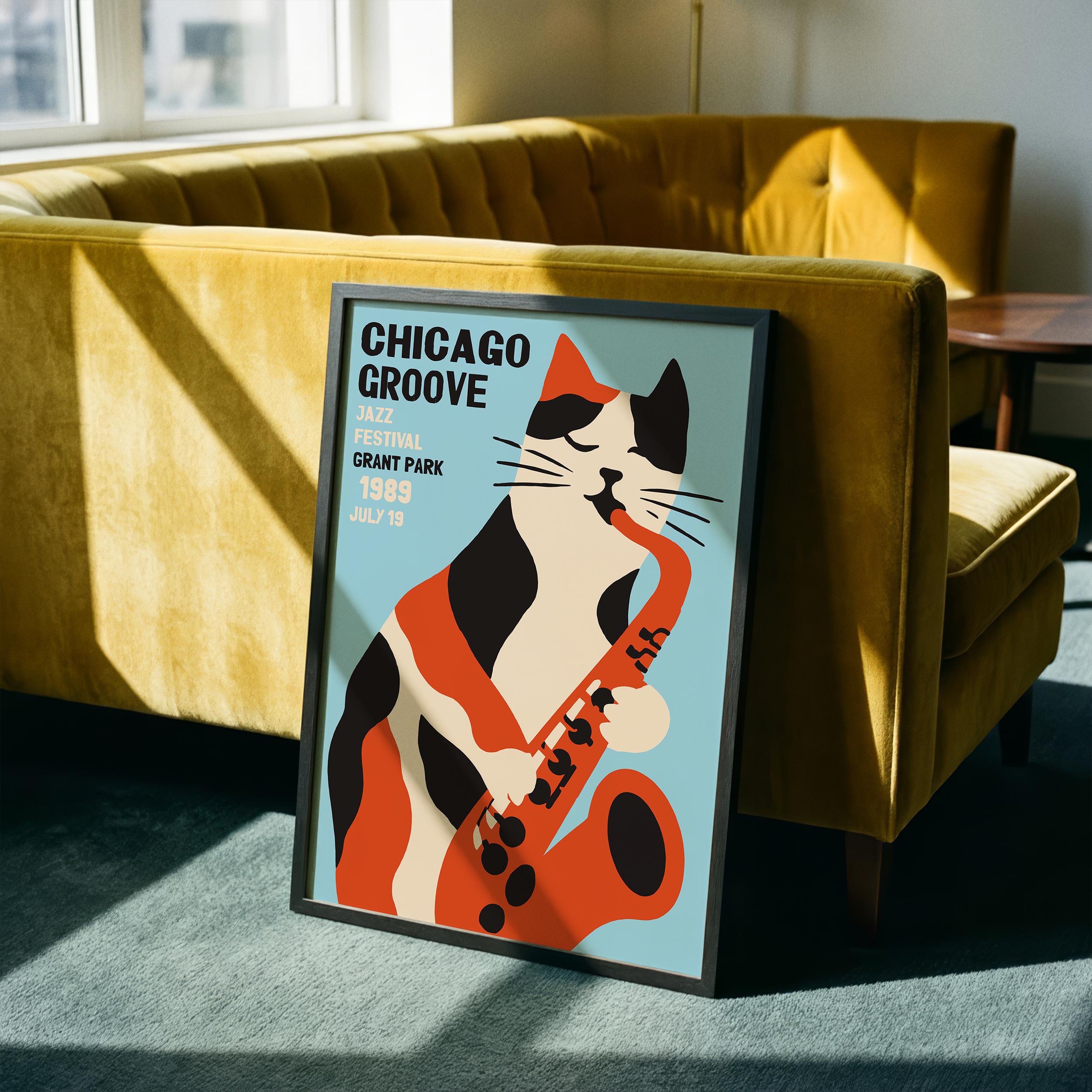 Chicago Jazz Cat Poster - 1989 Festival, Mid Century Wall Art